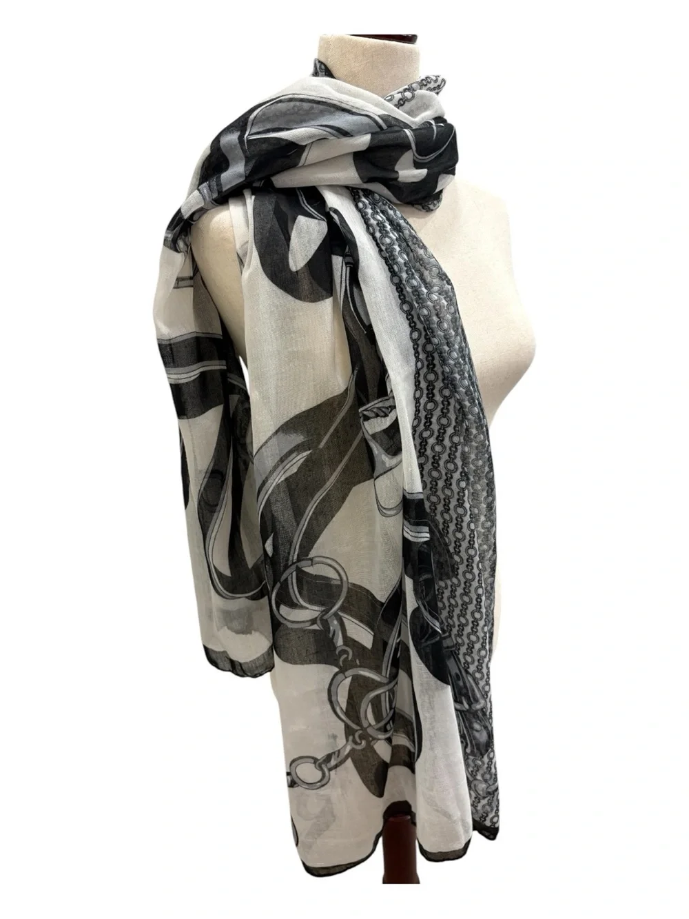 Huge 62”x70” Black & White Equestrian Motif Print Scarf - Women's Accessory